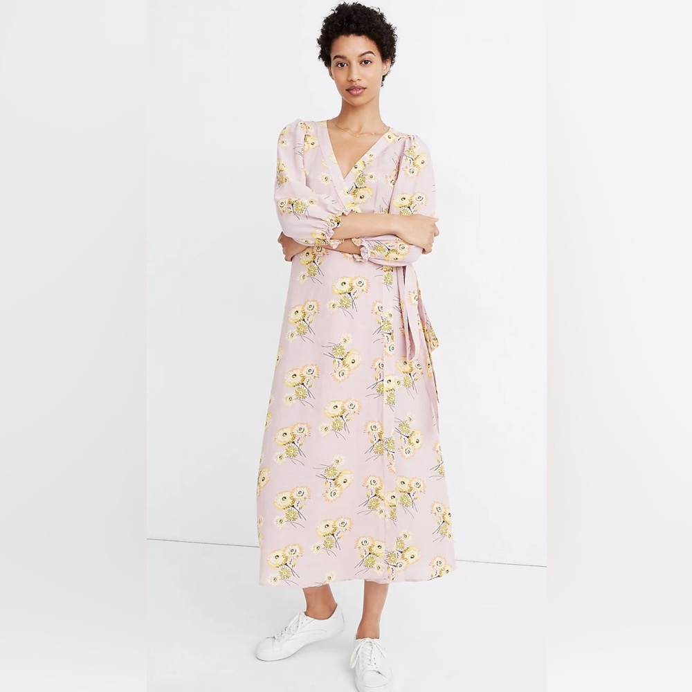 Madewell Linen-Blend Ruffle-Cuff Wrap Dress in Dutch Dandelions NWT small
